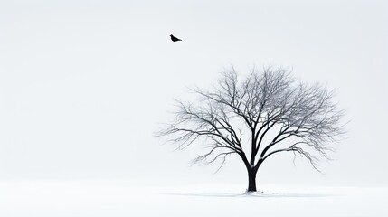  a lone tree in a snowy field with a bird flying overhead.  generative ai