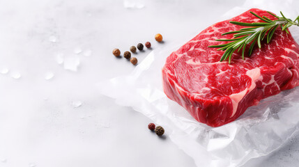Fresh red raw beef ribeye steak sealed in transparent plastic vacuum pack on white marble table background, copy space.  - obrazy, fototapety, plakaty