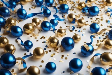 Holiday background with golden and blue metallic balloons confetti and ribbons Festive card for bir