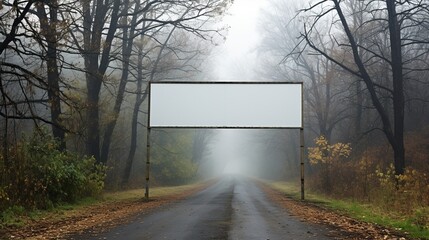 Blank billboard sign on a foggy road in a forest during autumn with fallen leaves