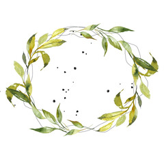 Hand drawn watercolor illustrations. Laurel wreaths, leaves, textured emblem set. Floral design elements. Suitable for wedding invitations, greeting cards, blogs, logos, prints, etc.