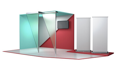 Red and green 3D exhibition booth for mockup. Blank empty promotional stand. Background for online event, conference. 3D render	