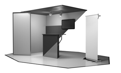 3D exhibition booth for mockup. Blank empty promotional stand. Background for online event, conference. 3D render	