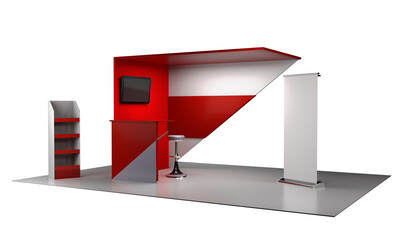 Red 3D exhibition booth for mockup. Blank empty promotional stand. Background for online event, conference. 3D render	