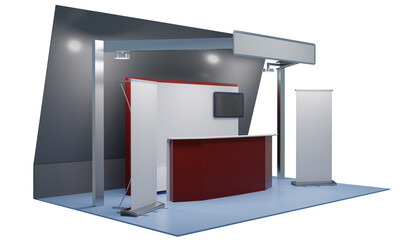 3D exhibition booth for mockup. Blank empty promotional stand. Background for online event, conference. 3D render	