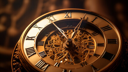 A brown clock its face filled with Roman numerals