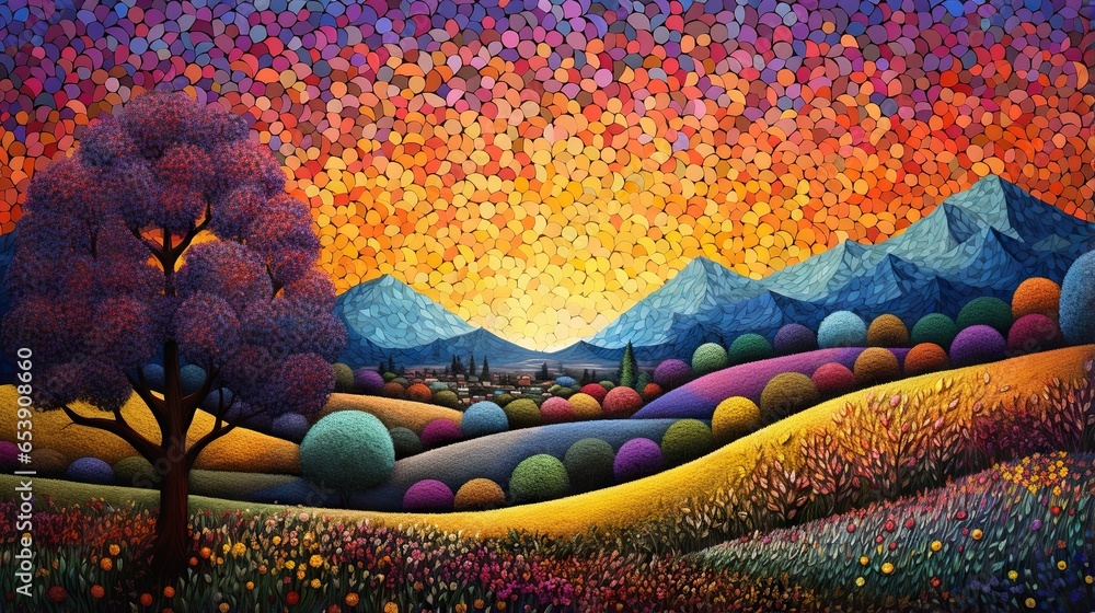 Poster a painting of a colorful landscape with trees and mountains in the background. generative ai