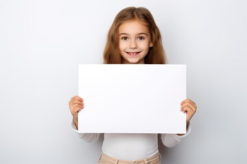 A young girl is holding a white paper on a white background, suitable for advertising or displaying a message.