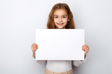 Fototapeta premium A young girl is holding a white paper on a white background, suitable for advertising or displaying a message.