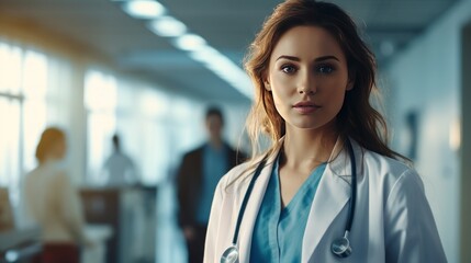 Female doctor in a lab coat in the hospital. close-up blurred background.