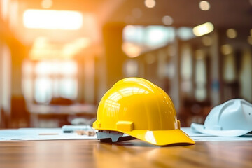 yellow engineer hard hat on a table with accessories, construction, 