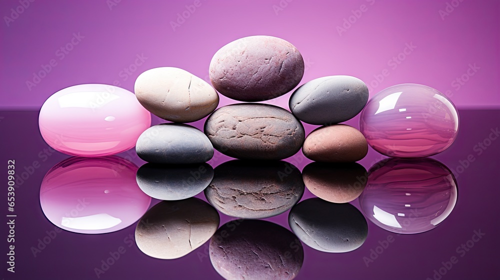 Aufkleber a group of rocks sitting on top of a reflective surface. generative ai