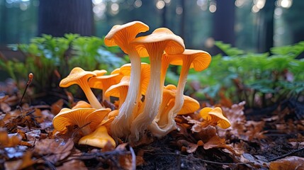  a group of mushrooms sitting on top of a forest floor.  generative ai - obrazy, fototapety, plakaty