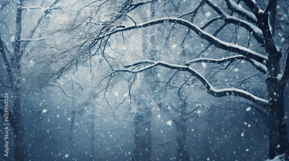 Poster a snowy scene of a tree with no leaves on it. generative ai