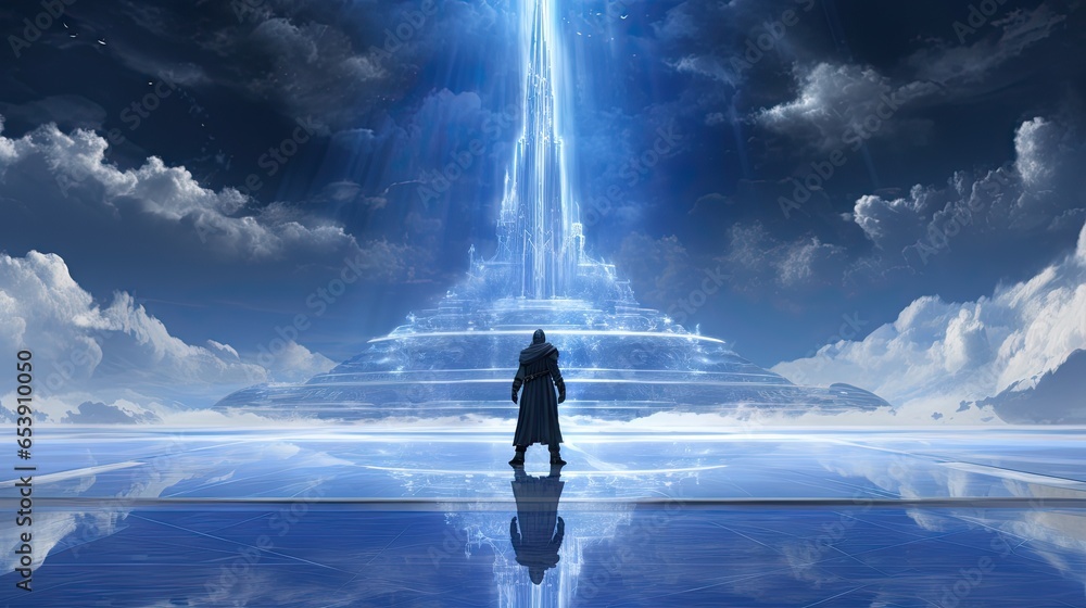 Poster a man standing in front of a tall pyramid in the sky. generative ai