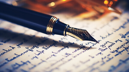 Close-up of a classic vintage fountain pen against a background of scribbled paper writing.  - obrazy, fototapety, plakaty