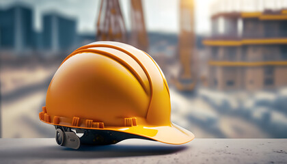 Vivid Yellow Construction Helmet with Copyspace on Blurred Construction Site Background