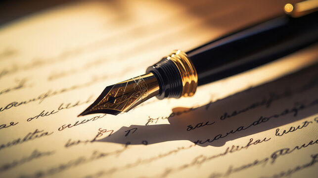Close-up of a classic vintage fountain pen against a background of scribbled paper writing. 