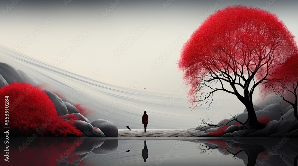 Poster a painting of a person standing in front of a red tree. generative ai