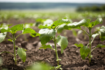 Young sunflowers sprouted on the black soil.