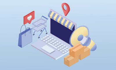 online shopping on laptop.on blue background.3D design.isometric vector design Illustration.