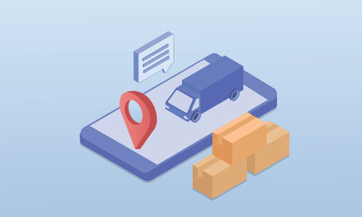 Delivery vans and smartphone location indicators.on blue background.3D design.isometric vector design Illustration.