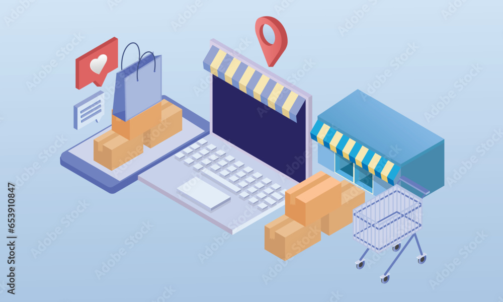 Aufkleber ecommerce elements with different devices.on blue background.3d design.isometric vector design illus