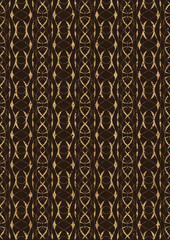 Hand-drawn unique abstract symmetrical seamless gold ornament on a dark brown background. Paper texture. Digital artwork, A4. (pattern: p10-3f)