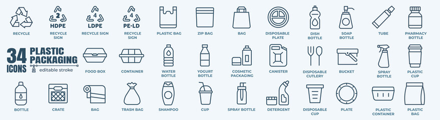 Plastic packaging, Disposable tableware, water bottle, zip package minimal thin line web icon set. Outline editable icons collection. Simple vector illustration.