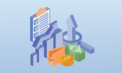 Financial management with icons.on blue background.3D design.isometric vector design Illustration.
