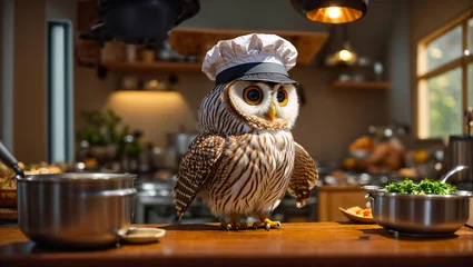 Zelfklevend Fotobehang Cute cartoon owl cooking in the kitchen © tanya78