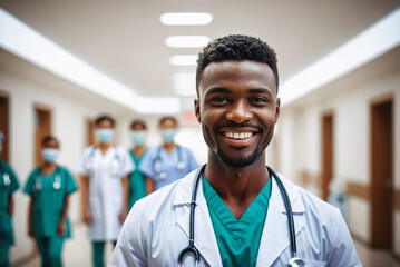 portrait shot of young age african american male doctor in doctors outfit looking at camera while standing in the hospital, sly smile, blurred background, team of nurses with face masks in background - obrazy, fototapety, plakaty
