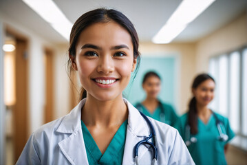 portrait shot of young age pacific islander female doctor in doctors outfit looking at camera while standing in the hospital, sly smile, blurred background, team of nurses in background - obrazy, fototapety, plakaty