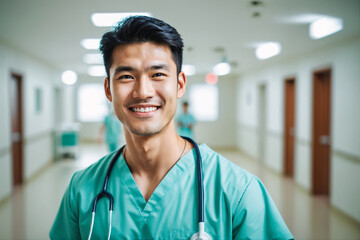 portrait shot of young age asian male doctor in doctors outfit looking at camera while standing in the hospital, sly smile, blurred background, team of nurses in background - obrazy, fototapety, plakaty
