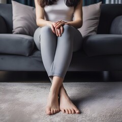 An unrecognizable barefooted woman in dark grey leggings and top sitting by the couch on beige carpet embracing her legs. House, home, carpet,  home decor. Created with Generative AI Technology. 