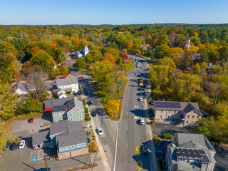 Wayland historic town center aerial view in fall with fall foliage at Boston Post Road and MA Route...