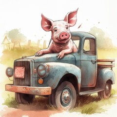 Ilustração pequeno porco suíno em um veículo antigo
