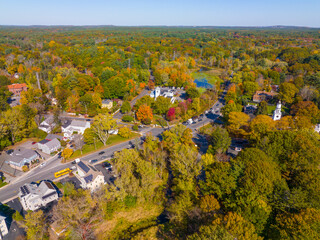 Wayland historic town center aerial view in fall with fall foliage at Boston Post Road and MA Route...