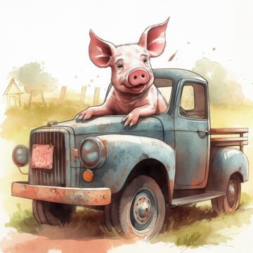 Ilustração pequeno porco suíno em um veículo antigo