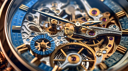 In a captivating close-up, the intricate clock mechanism comes to life, revealing its mesmerizing inner workings. Gears, springs, and wheels collaborate in a symphony.Generative AI Illustration. - obrazy, fototapety, plakaty