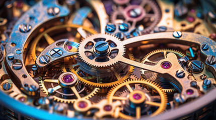 In a captivating close-up, the intricate clock mechanism comes to life, revealing its mesmerizing inner workings. Gears, springs, and wheels collaborate in a symphony.Generative AI Illustration.