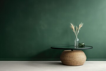 green designer room interior. ceramic vase with dried flowers. green wallpaper. minimalism interior. glass decor