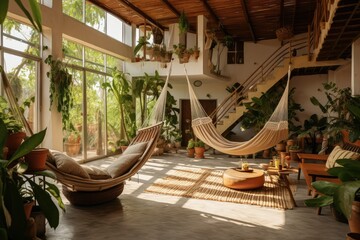 cozy room with large windows. hammock in the middle of the room. room in Bali style. Holidays in the tropics. beautiful hotel in boho style. relaxing ambiance ecolodge interior