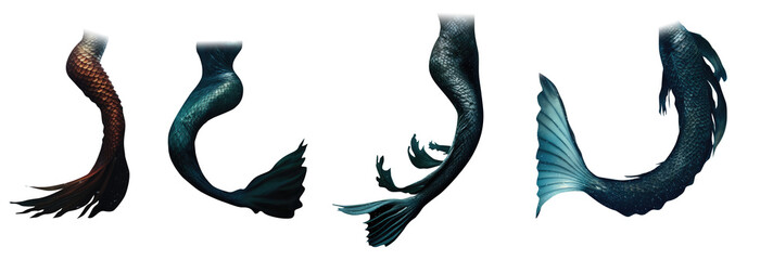collection of mythological fantasy mermaid tails. fins, scales, mermaid fluke, water wings. transparent background. siren tails - obrazy, fototapety, plakaty