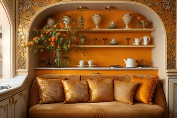 rich room design in gold color. yellow decor. decorative storage boxes. gold-plated ceramics....