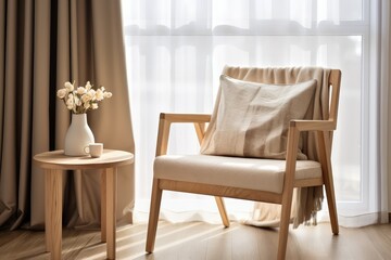 modern wooden furniture armchair. interior with wooden elements. texture wooden wall. design room in light color. natural eco style. cozy