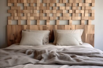 minimalist light bedroom design with wooden decor on the wall. gray bed linen. textured wood in the interior. Vacation home