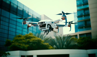 A remote-controlled copter with a digital camera is gliding above the streets of the city