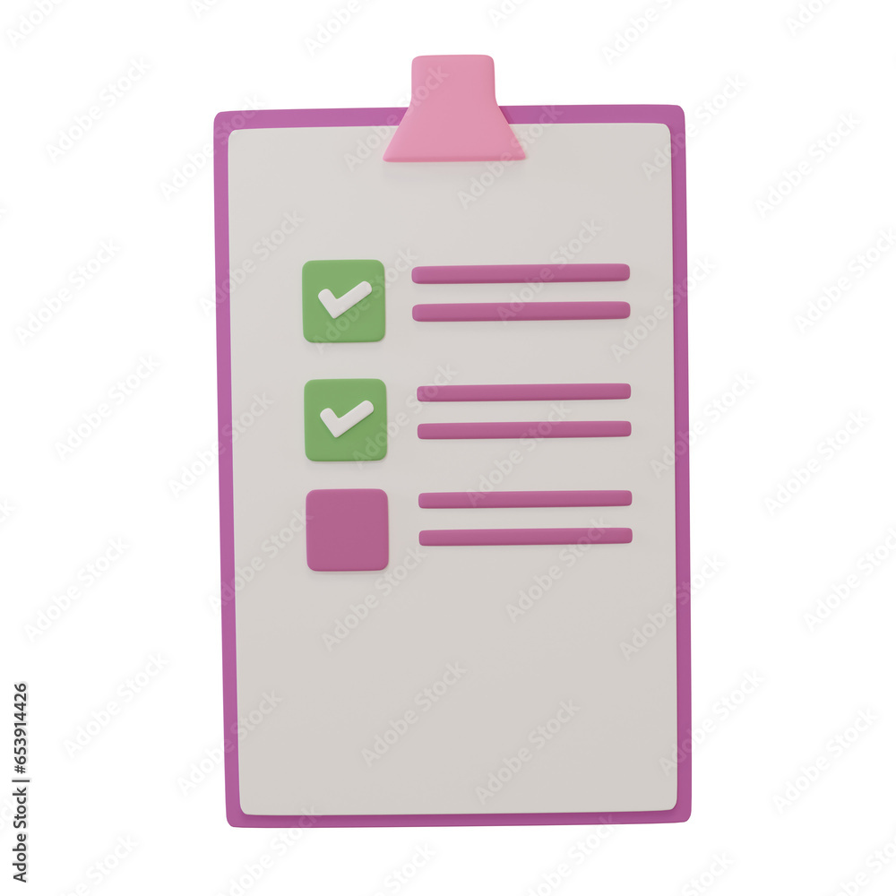 Poster white clipboard paper with checklist on pink, purple background data analysis bussniess concept. 3d 