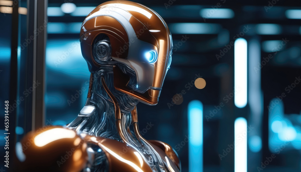 Poster a photo featuring an ai robot with intricate copper and silver robotic details, against a futuristic